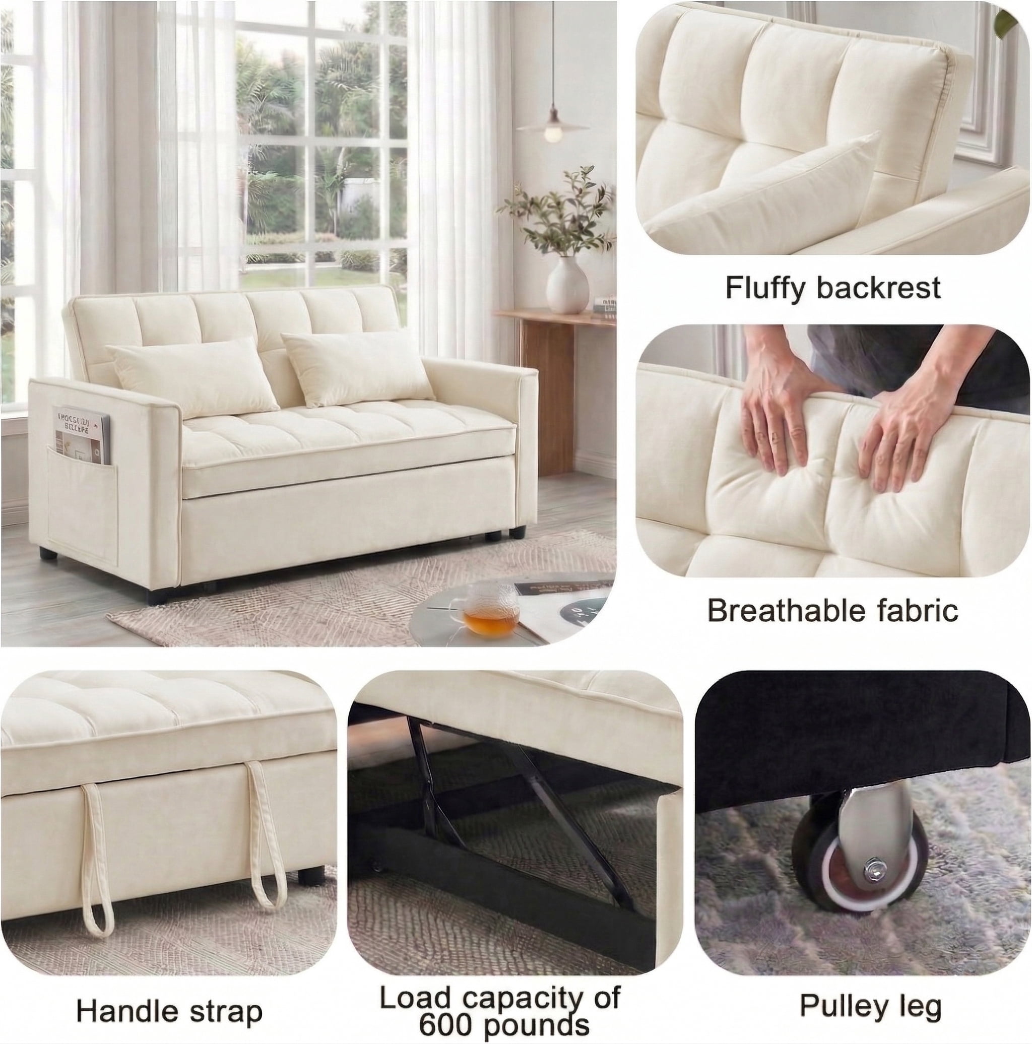 Avobird 3-in-1 Velvet Convertible Sleeper Sofa, Pull Out Couch Bed with Adjustable Backrest & Storage, Beige