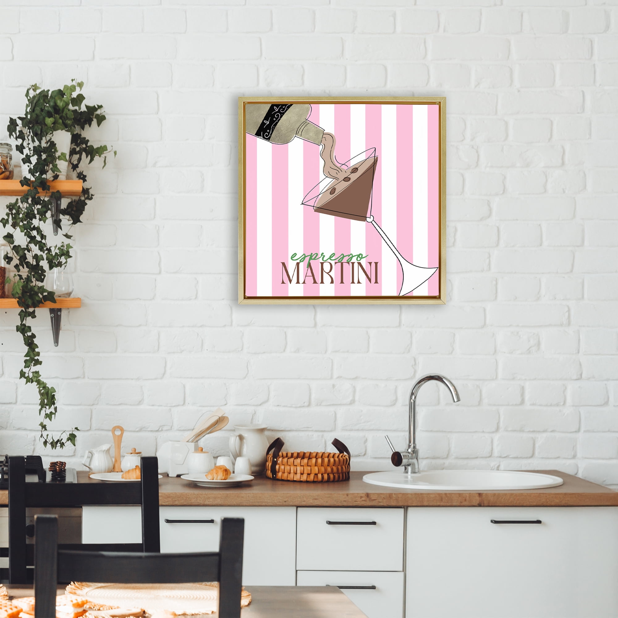Stupell Industries Espresso Martini Pink Stripes Gold Framed Floater Canvas Wall Art, design by Deidre Mosher