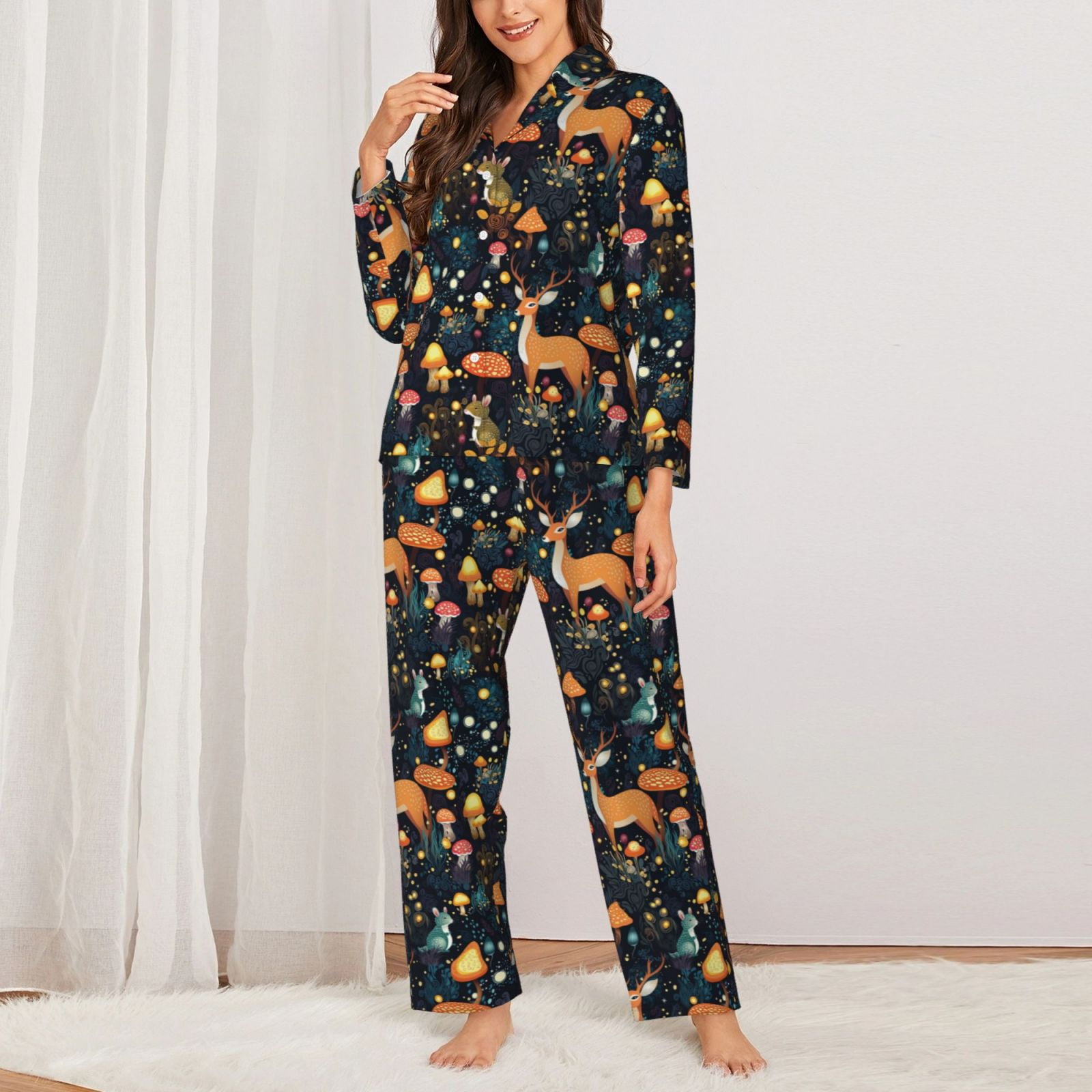 Fuzoiu Forest Elf Print Women's Long-Sleeved Pajama,Lounge Button Down Nightwear,Womens Notch Collar Pajama Set-Small