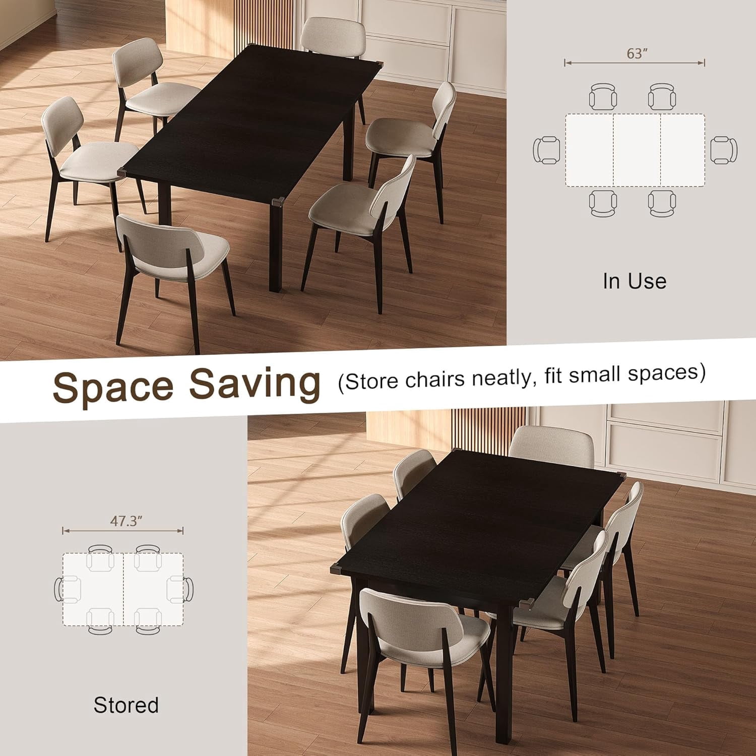 Honfach 63" Extendable Dining Table for 4-8, Square Wooden Dining Room Table with Metal Base, Modern Extendable Table for e for Small Kitchens, Dining Office Areas, Black