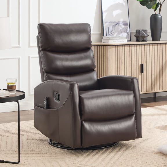 Heat Massage Manual Recliner Chair with Rocker & Swivel in Fabric for Living Room (Brown)