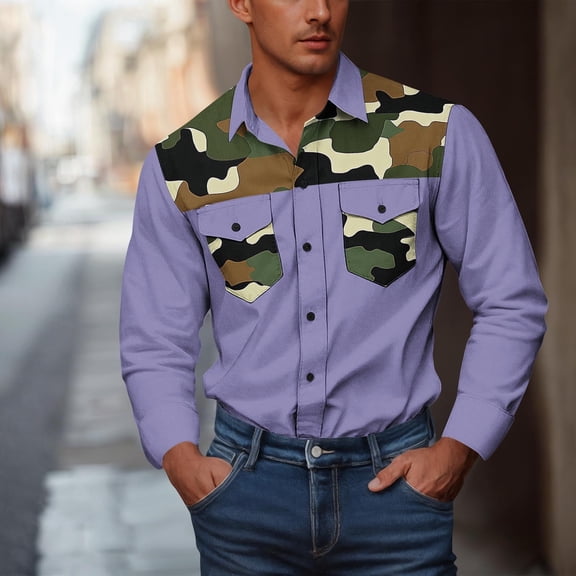SYMOID Purple Camo Long Sleeve Button Down Shirt for Men - Polyester Spandex Blend, Chest Pockets, Wrinkle-Resistant for Casual & Outdoor Use,Size 5XL