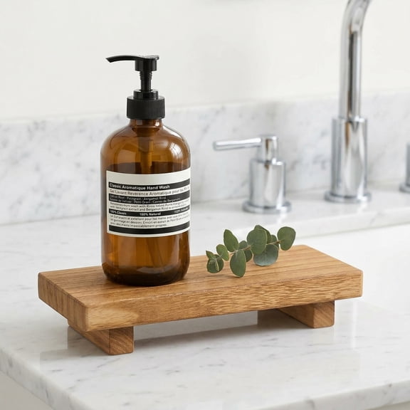 Small Wood Tray Pedestal Stand Farmhouse Bathroom Decor Decorative Wooden Riser Kitchen Soap Dish Holder for Vanity, Counter, Sink, Brown