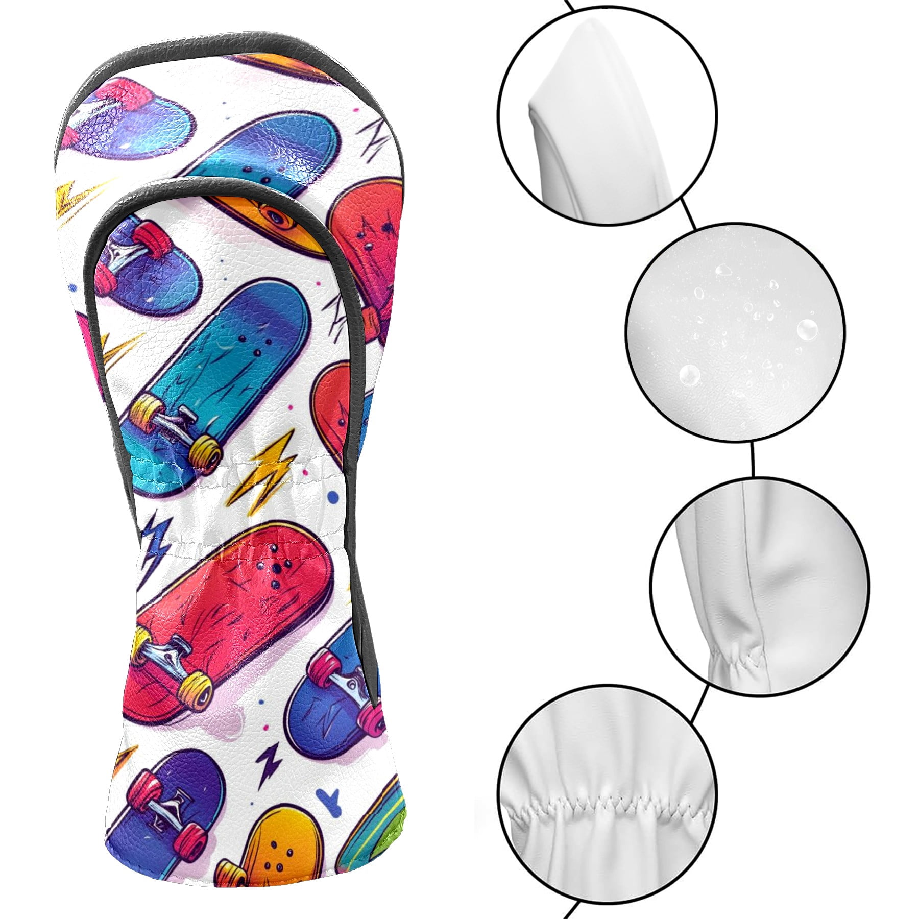 Golf Club Covers PU Leather Waterproof Head Covers for Fairway Woods Hybrids Skateboard Pattern Unisex Fits Most Brands