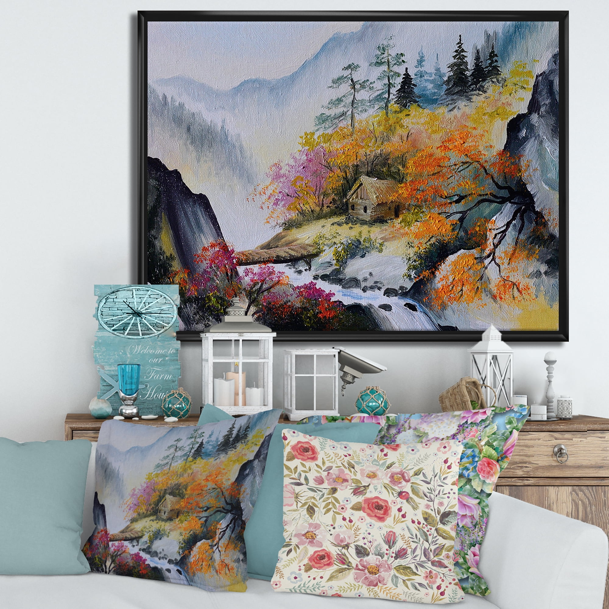 Designart 'VIbrant Mountain Landscape With Little House' Traditional Framed Canvas Wall Art Print