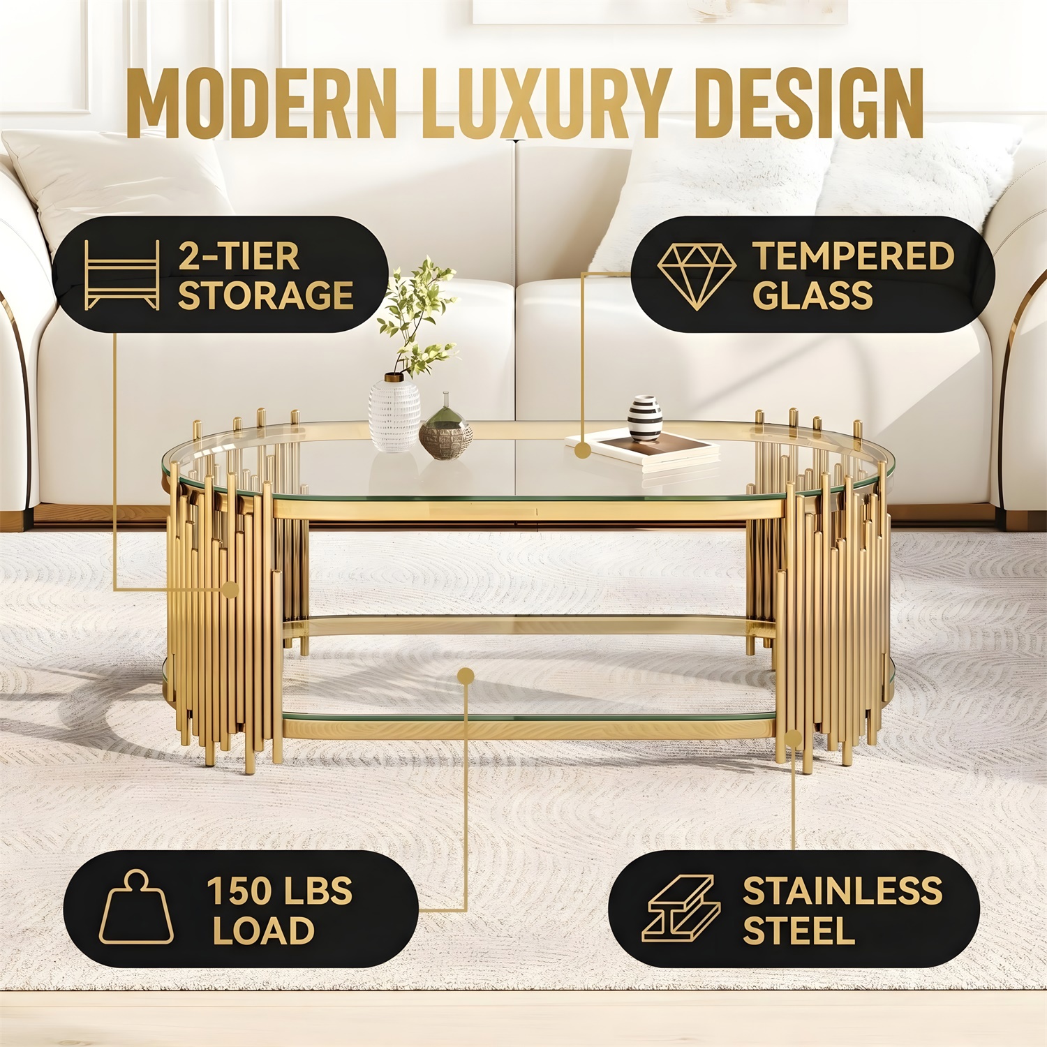 Hommoo Modern Oval Coffee Table with 2-Tier Tempered Glass Shelves, Stainless Steel Organ Pipe Base, Living Room Center Table, Gold