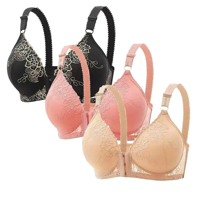 DecSea 3PC Women's Large Lace Breathable Front Opening Bra Wrapped Up Cup Side Fold Breast Lift Bra