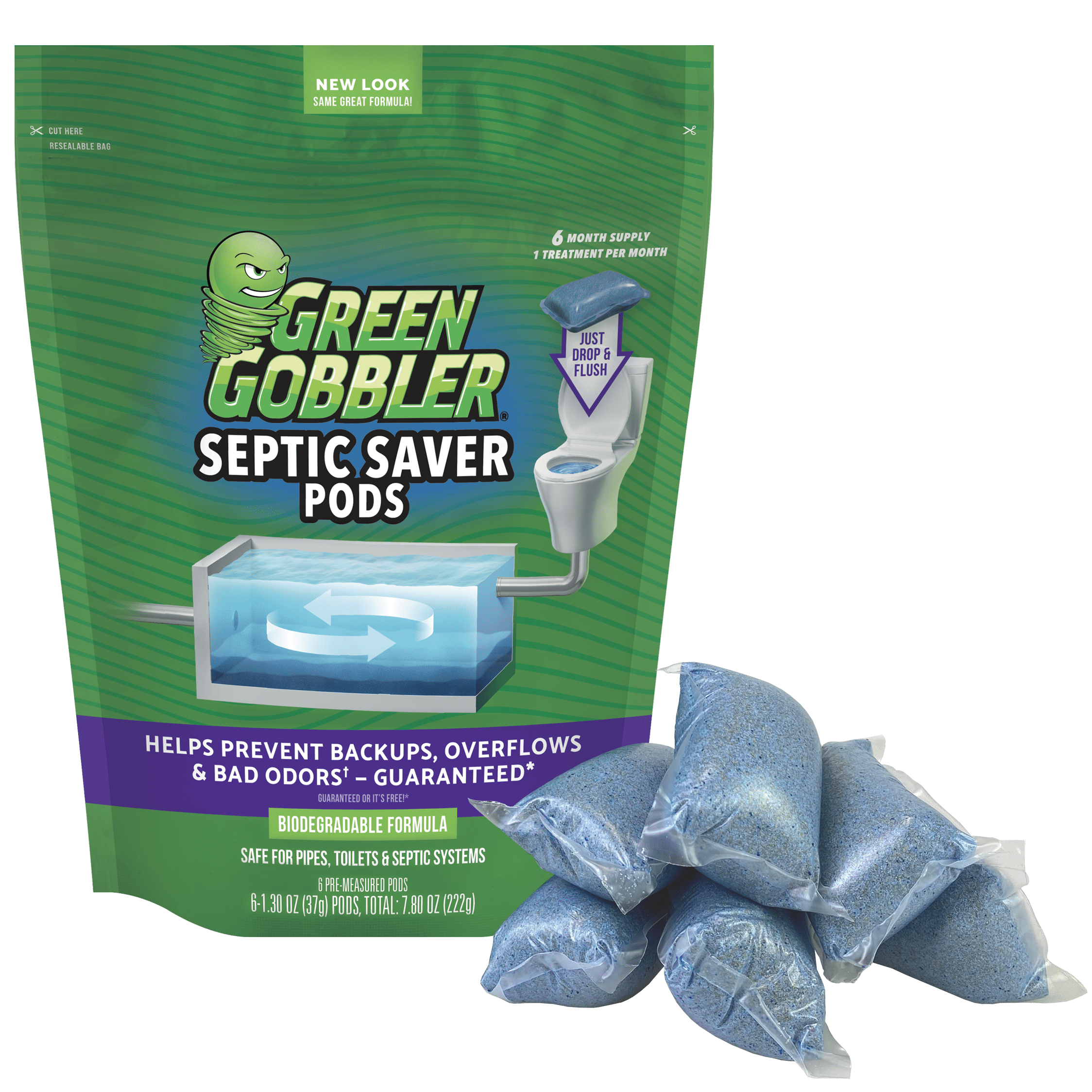 Green Gobbler Septic Saver Septic Treatment Pacs - 6 Month Supply - 6 Pre-Measured Pacs, Drop and Flush