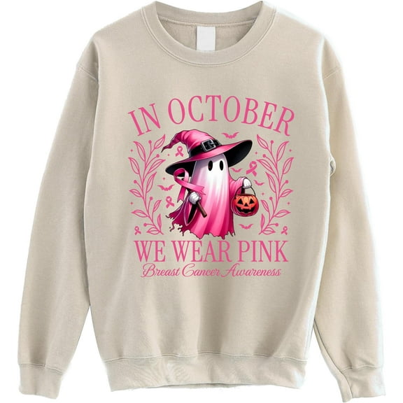 In October We Wear Pink Ghost Sweatshirt - Breast Cancer Awareness Halloween Crewneck, Cute Support Squad Pullover