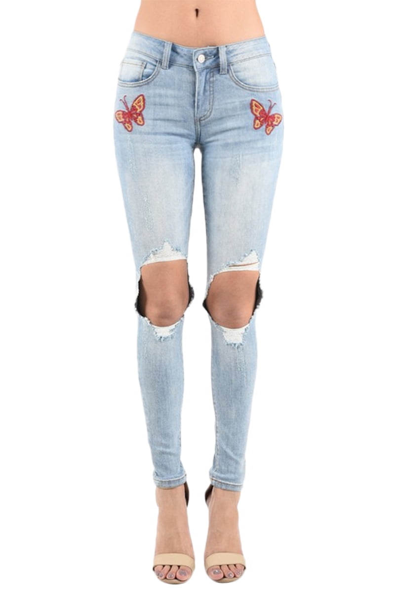 TheMogan TheMogan Women's Light Blue Butterfly Embroidered Torned