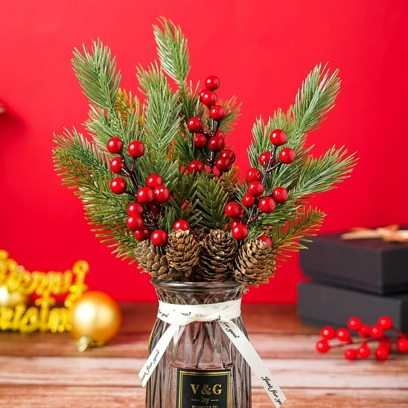 5PCS Christmas Pinecone Holly Berry Picks Artificial Holly Red Berry Pine Cone Picks Holiday Floral Decorations with Bendable Stems Green Pine Needles for Christmas DIY Crafts Decoration