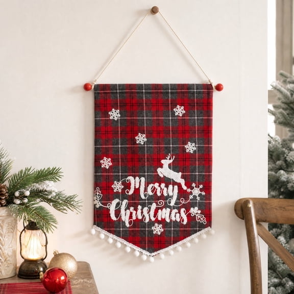 Cadancy Christmas Banner Wall Hanging Door Sign Plaid Fabric Holiday Party Supplies Seasonal Home Decor for Entryway Porch Indoor Outdoor Fireplace Mantel Display Festive Decoration