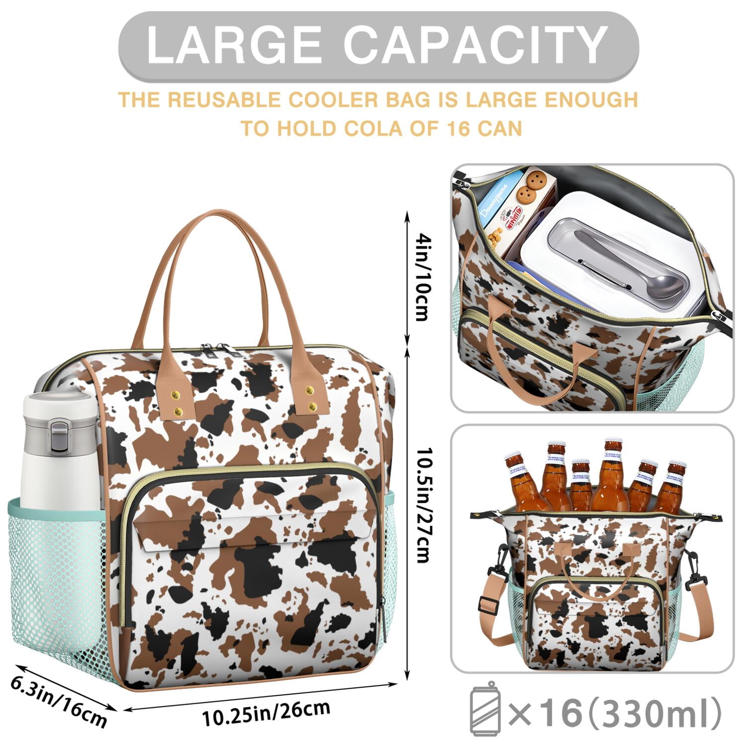 Buffalo Cow Design Insulated Lunch Bag – Large Reusable Lunch Box with Artistic Farm Animal Print Leakproof Waterproof Cooler Tote with Dual Compartments for Country-Themed Office or Picnic Use