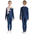 thumbnail image 3 of Aislor Kids Girls Sparkly Sequined Applique Rhinestone Unitard Long Sleeve Jumpsuit Gymnastics Navy Blue 12, 3 of 7