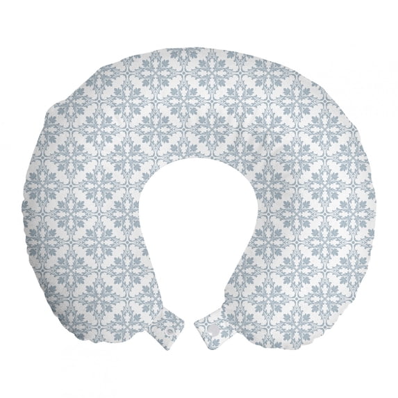 Floral Travel Pillow Neck Rest, Simplistic Retro Interconnected Flowers on Plain Backdrop Pattern, Memory Foam Traveling Accessory Airplane and Car, 12", White Pale Purpleblue, by Ambesonne