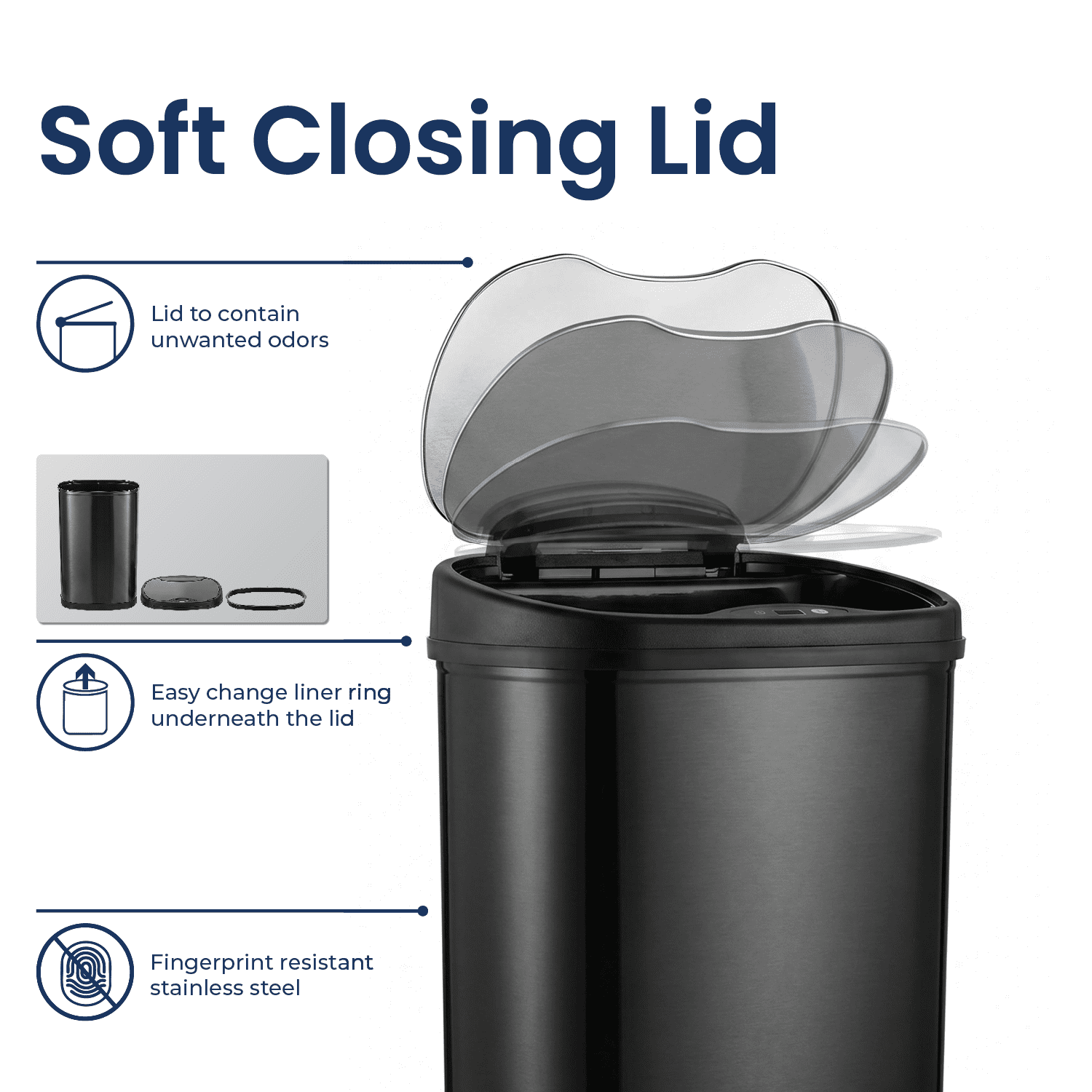 Nine Stars Automatic Kitchen Trash Can, 13.2 Gallon Stainless Steel, Motion Sensor Soft Close Lid Garbage Bin, Black