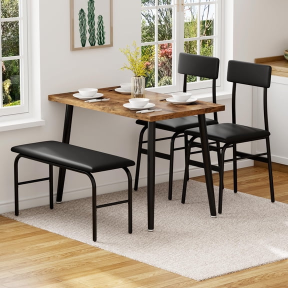 4 Piece Dining Table Set for 4, Compact Kitchen Table with Bench, Space Saving Rectangular Dinette Set for Small Dining Room, Apartment, Breakfast Nook, Rustic Brown