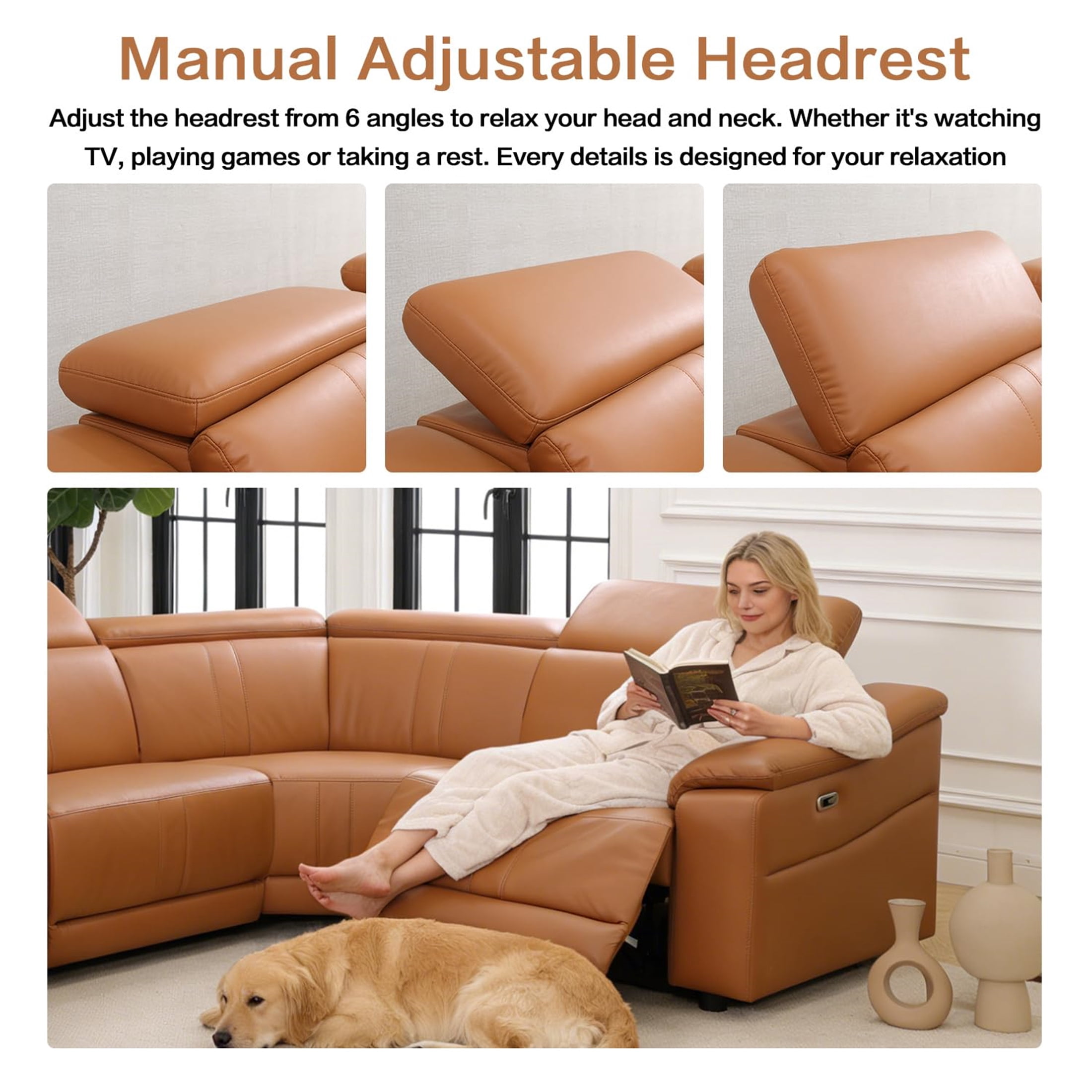 Aukfa 6-Piece Power Recliner Sofa Set Sectional Couch with Cup Holders& USB Port Storage Console, Breathing Leather, Light Brown