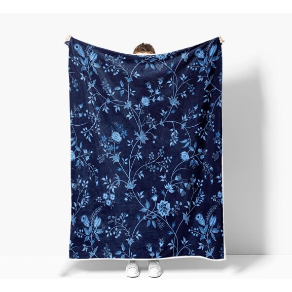 1pc Vintage Navy Blue Floral Flannel Blanket - Soft, Cozy & Hypoallergenic, 100% Polyester, Machine Washable for All-Season Comfort on Bed, Sofa, or Chair, Decorative, Home