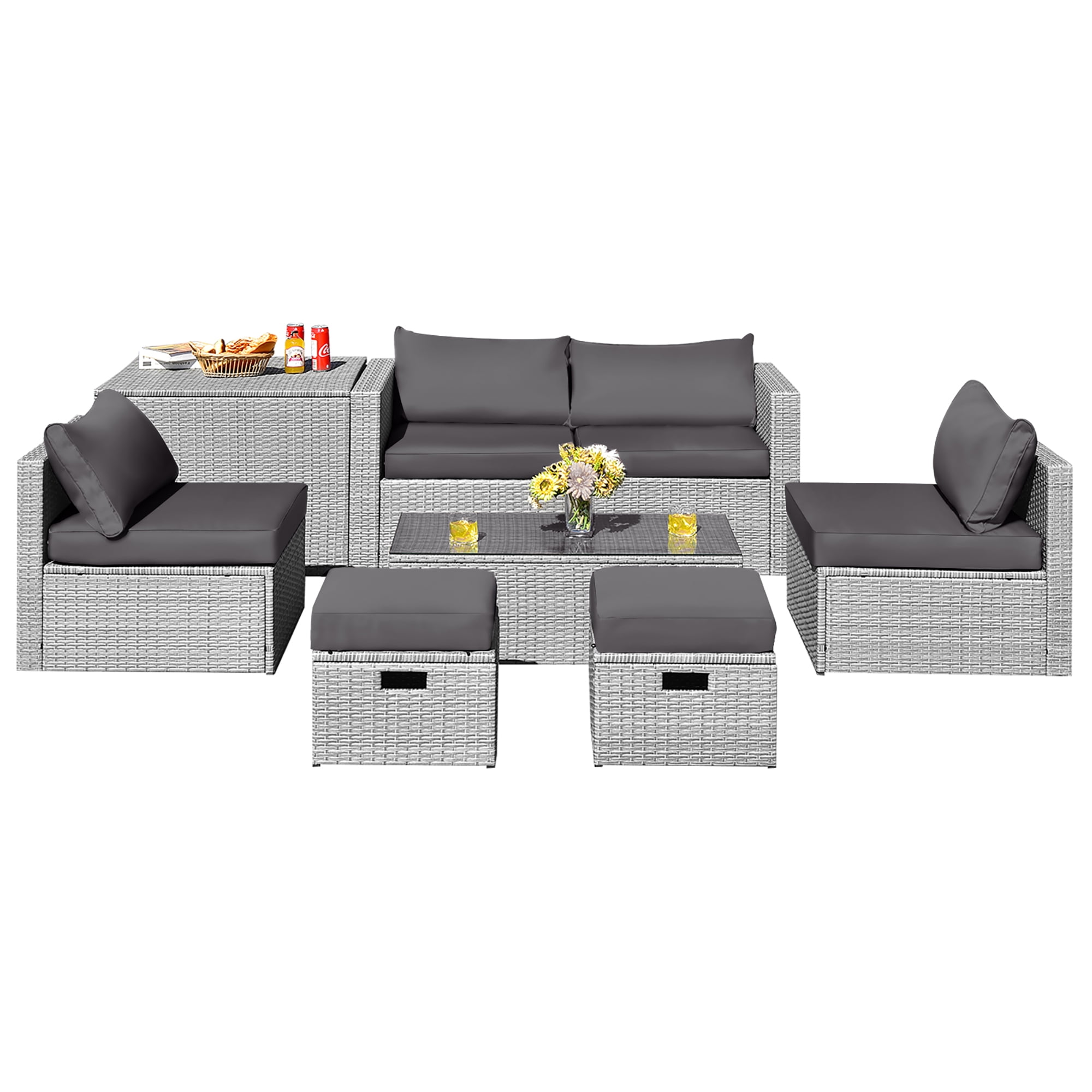 Costway 8PCS Patio Rattan Furniture Set Storage Waterproof Cover Gray Cushion