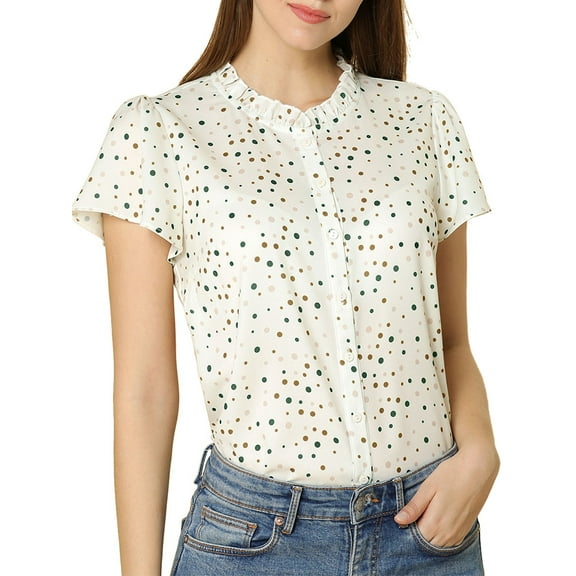 Allegra K Women's Summer Dots Print Ruffle Stand Collar Button Down Blouse Shirts
