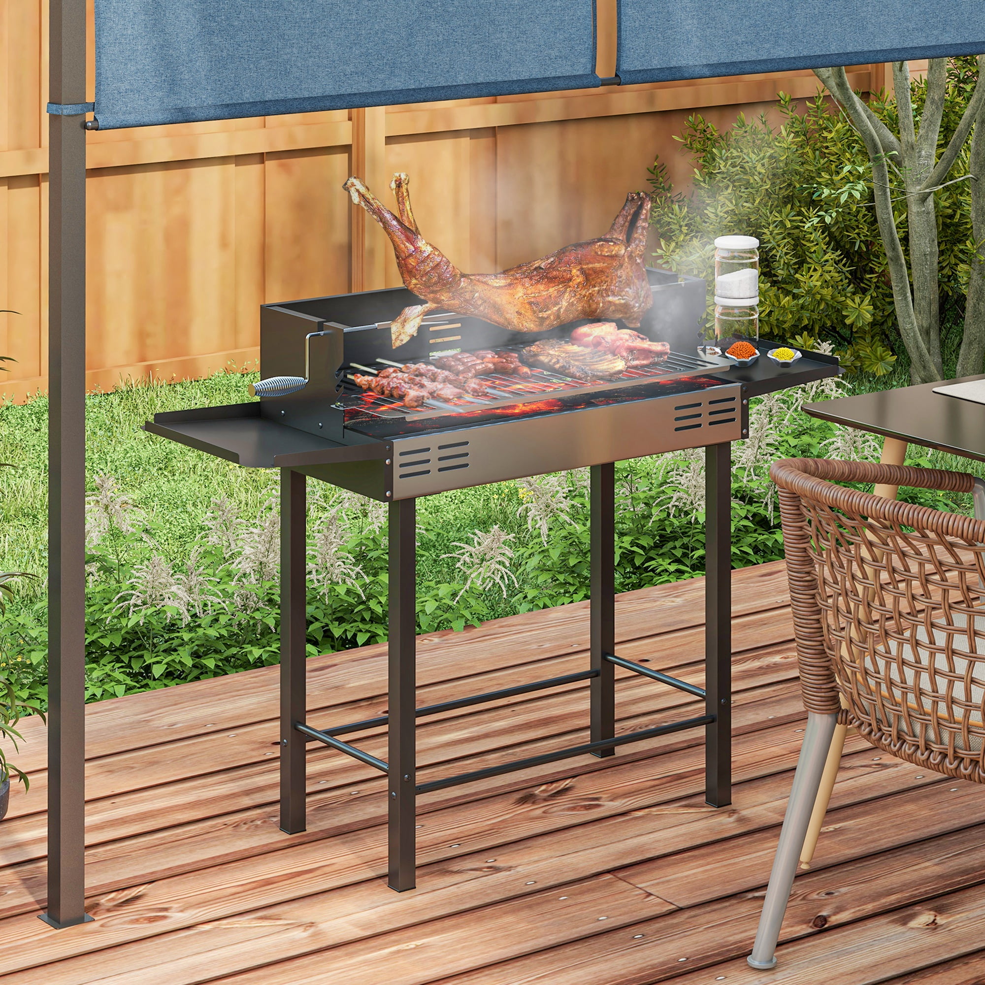 Zateety  BBQ Rotisserie Grill Roaster, Charcoal Split Roaster for Chicken or Turkey with 3-Level Grill Grate, Foldable Storage Shelves, and Wind Deflector, Stainless Steel, Black