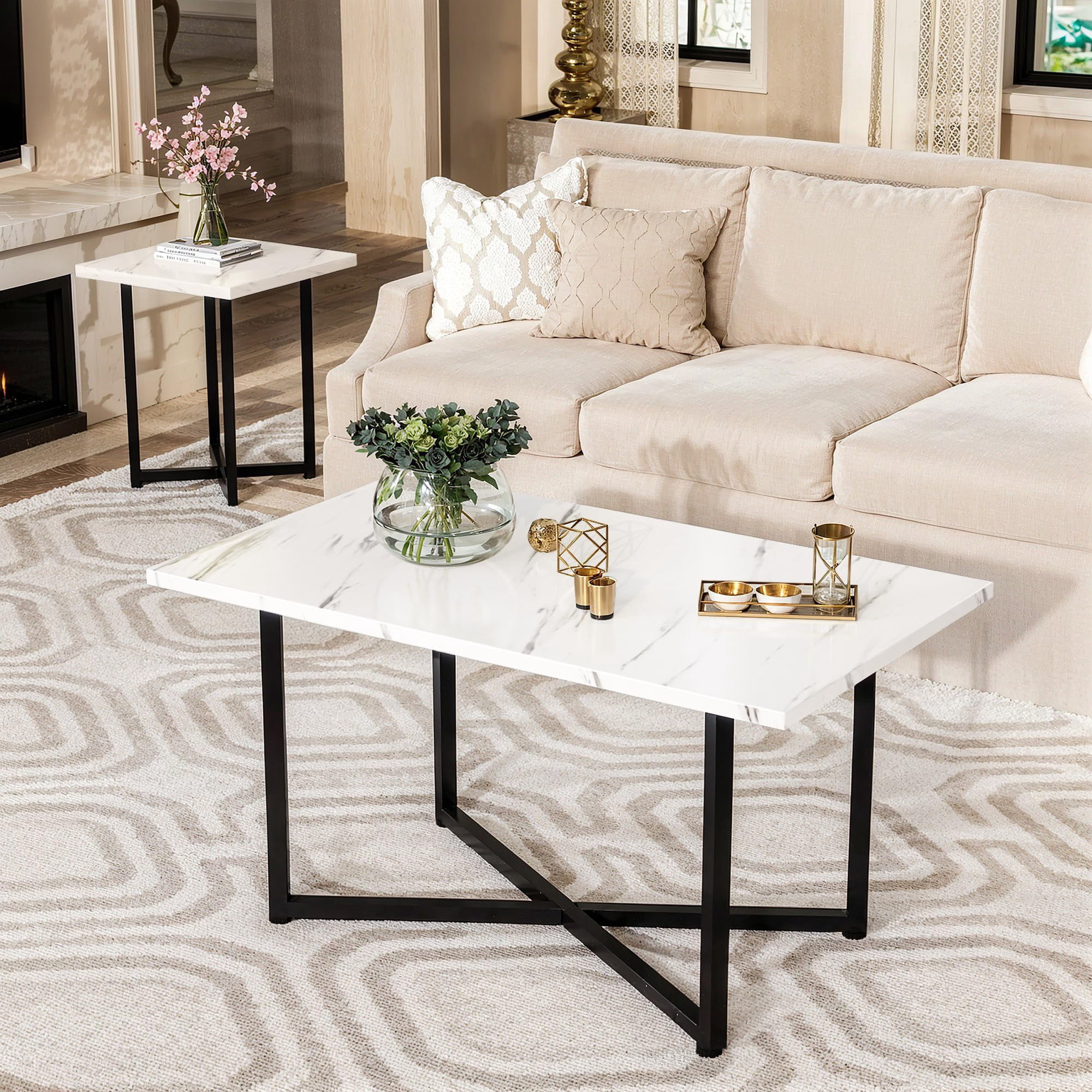 Cvortll Coffee Table Sets 3-Pieces, Modern Faux Marble Coffee Table with 2 Square End Side Tables, Large Sturdy Coffee Table Set for Living Room, White