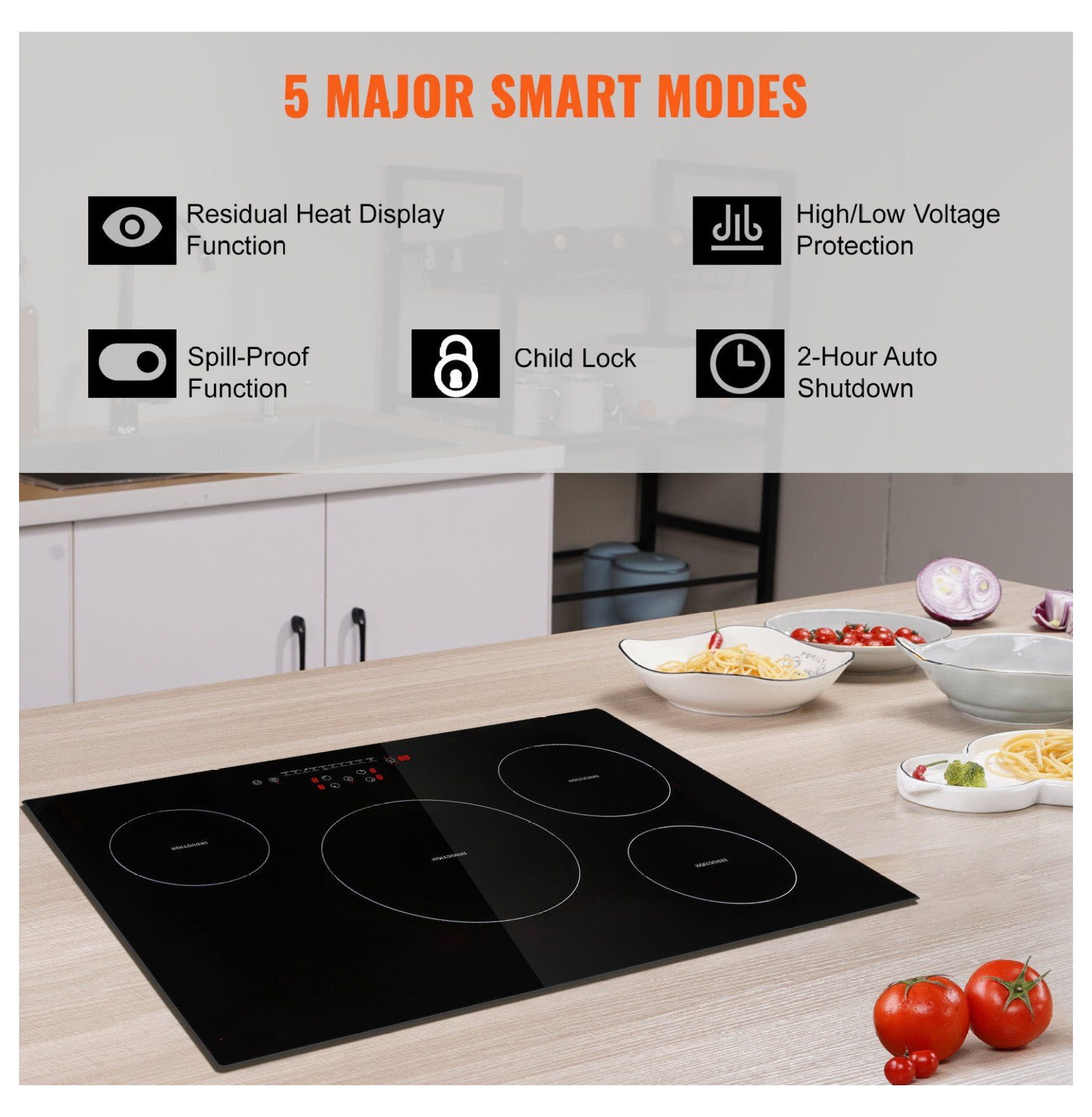 Electric Cooktop 30 Inch, 4 Burners Induction Stove Top 7500W, Built-in Magnetic Cooker, 9 Heat Levels, LED Touch Control, Child Lock & Overheat Protection