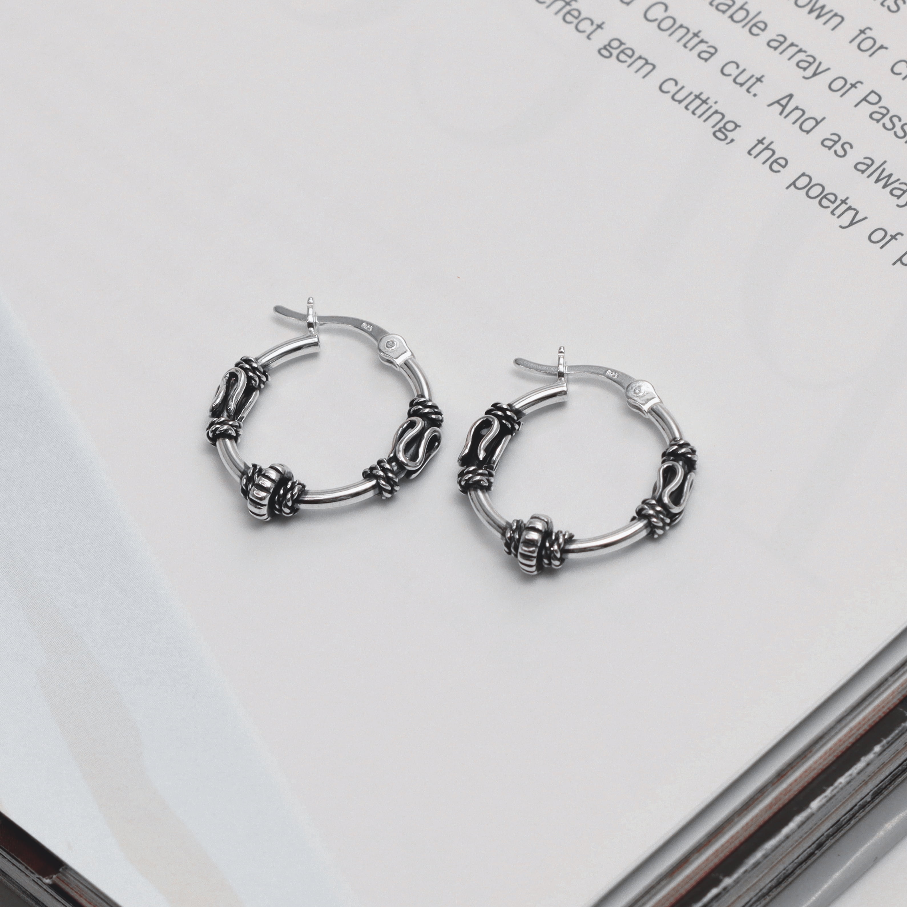 LeCalla 925 Sterling Silver Jewelry Antique Balinese Beaded Hoop Earrings for Women and Teen 17MM