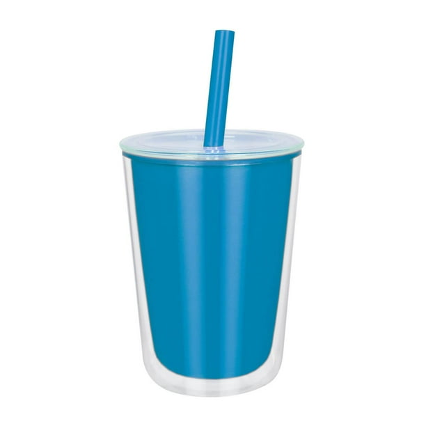 Vaso de plástico doble pared con popote y tapa push-elissa azul 11.5 x 15