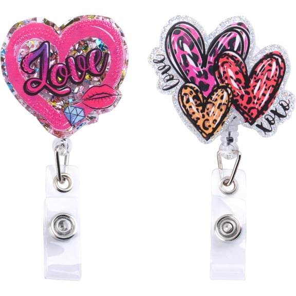 Retractable Badge Holder, 2Pcs Valentine's Day Shining Pink Love Cute Heart Badge Reel with Alligator Clip for Medical Worker Accessory