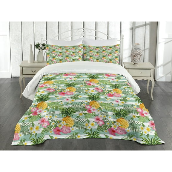 Ambesonne Fruits Quilted Bedspread Set 3 Pcs, Tropical Plants Botany, King Size, Multicolor