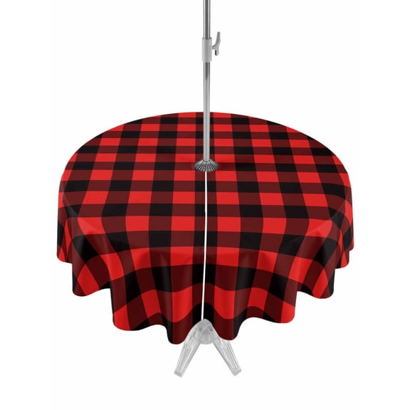 Outdoor Tablecloth with Umbrella Hole and Zipper, Black Red Plaid Waterproof Patio Tablecloth for Dining Round 54'', Vintage Rustic Buffalo Checked Gingham Wipeable Table Cover for Picnic BBQ Party