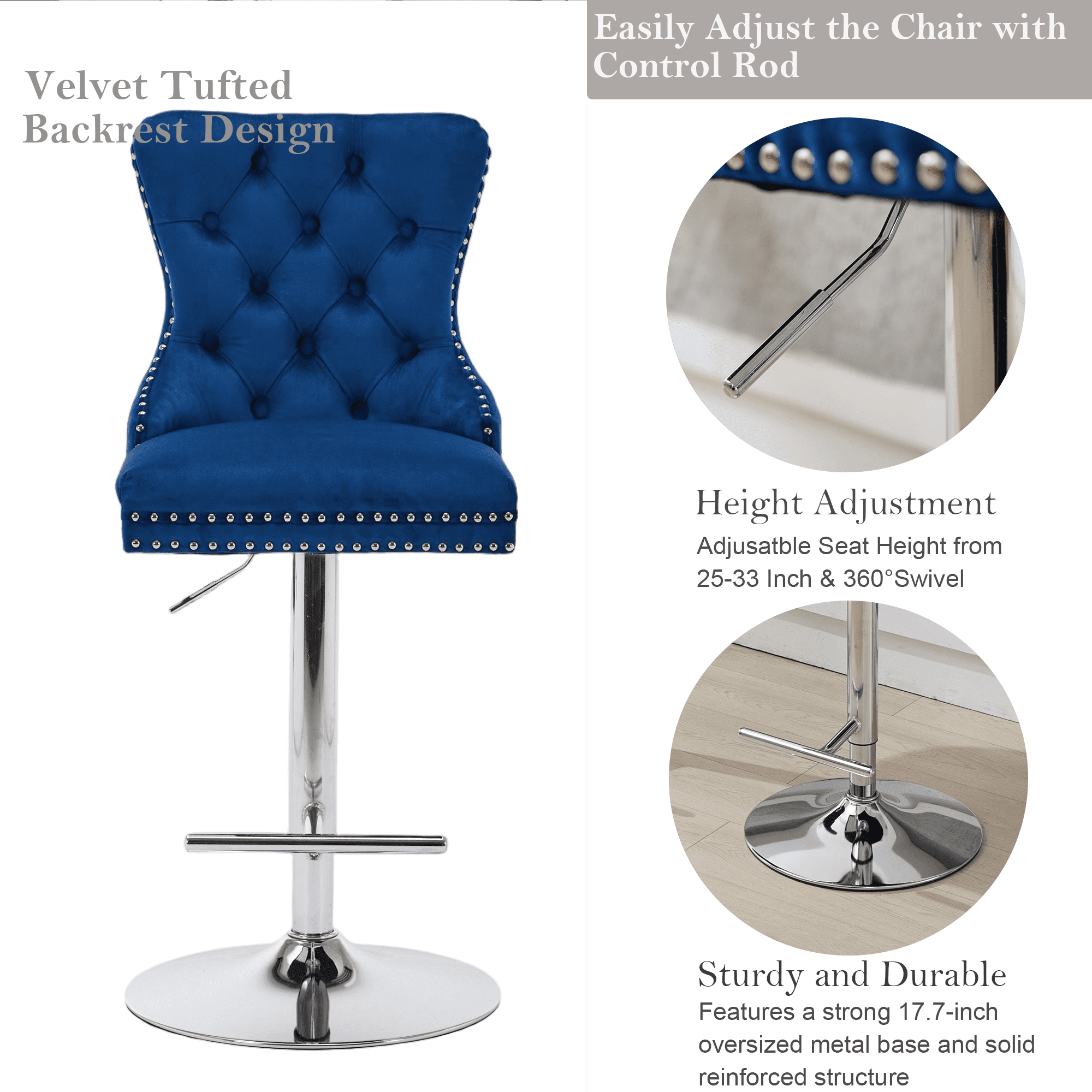 2-Piece Velvet Swivel Bar Stools, Adjustable Counter Height Dining Bar Chairs with Tufted Backrest and Nailhead Trim for Kitchen Island （Blue with Silver Leg）