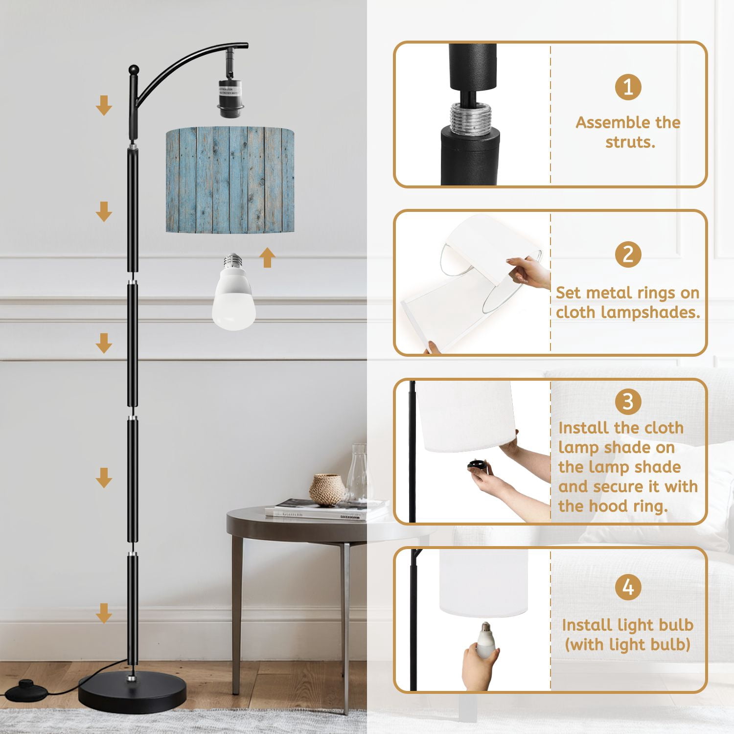 Arc Floor Lamp with Adjustable Lampshade Light old boards Wooden light wood Advertising Standing Lamp 3 Color Temperatures Dimmable Tall Pole Lamp with Foot Switch for Bedroom