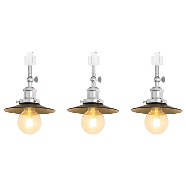 FSLiving Adjustable Angle J-Type Track Pendant Light with E26 Silver Base&Vintage Black Metal Shade Lighting for Kitchen Sink Loft Counter,Customizable (Bulb&Ceiling Track Sold Separately) - 3 Lights