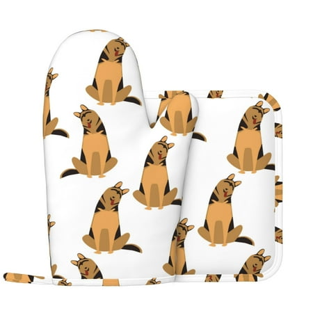

German Shepherd Dog No.1010 Oven Mitts and Pot Holders Sets with 1 Non-Slip Left Silicone Oven Mitts and 1 Heatproof Insulated Hot Pads for Kitchen Use in Cooking Baking Grilling