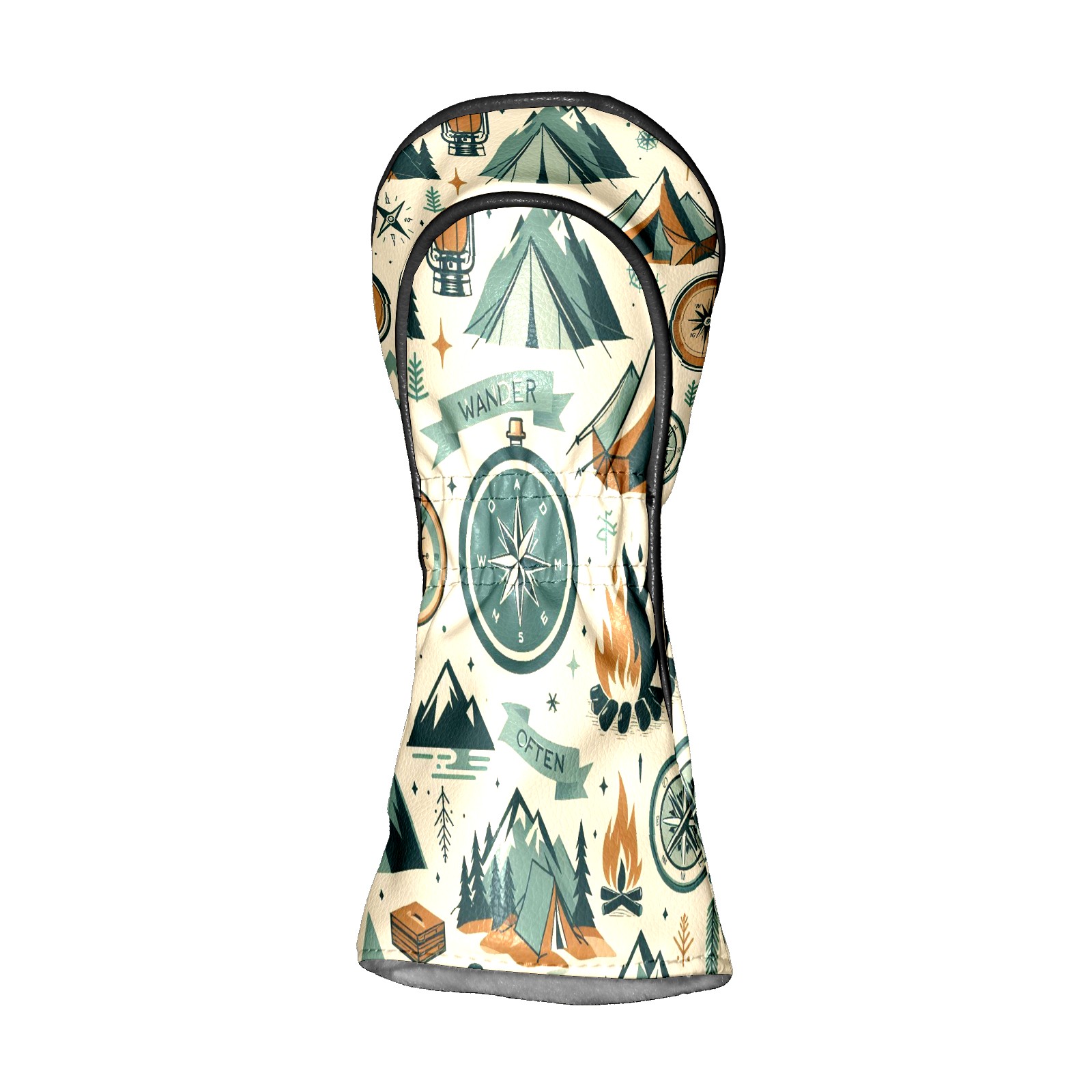 Golf Club Covers, Beige Camping Icons Premium PU Leather Driver Hybrid Putter Head Covers with Velvet Lining, Waterproof Golf Gifts for Men Women