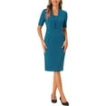 thumbnail image 1 of Vestido ajustado de mujer Inspire Chic con escote en V y mangas cortas, vestido midi bodycon para el trabajo, azul lago XS, 1 of 6