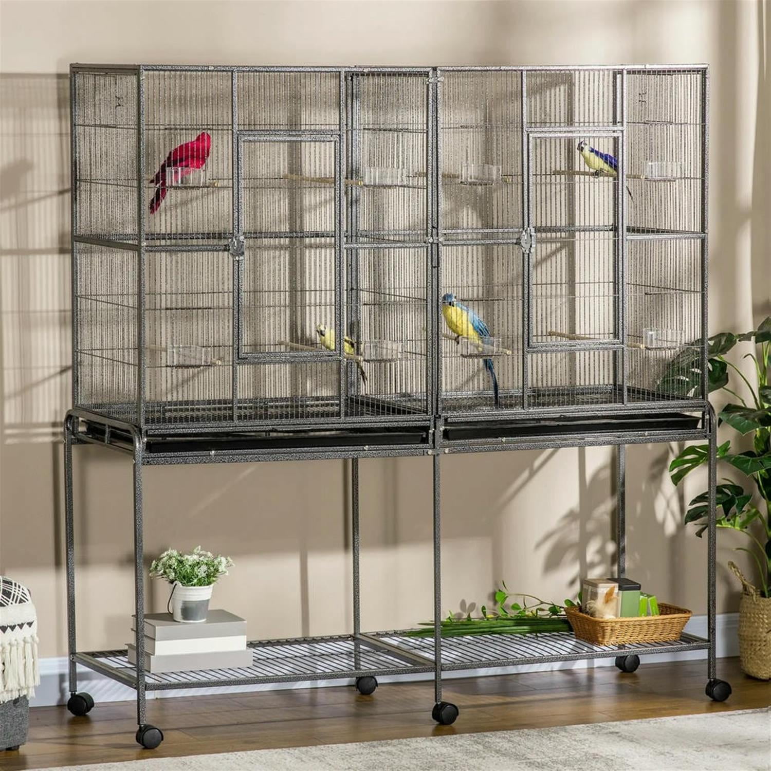 resenkos 64" Height Heavy Duty Travel Bird Cage Carrier with Rolling Stand, Wood Perch & Food Container for Parrots Conures Lovebird Cockatiel Parakeets, Black
