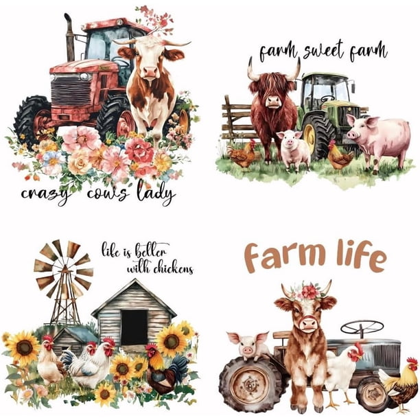 4 pegatinas de transferencia térmica de animales de granja, diseño de animales pastorales, parches termoadhesivos, papel de transferencia térmica lavable.