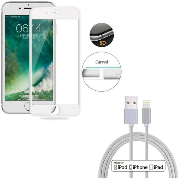 iPhone 7/8 PLUS Screen Protector w MFi USB Cable - Tempered Glass 5D Touch Curved Edge Full Cover, 6ft Certified Charger Cord Power for iPhone 8 PLUS/7 Plus