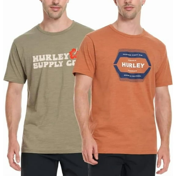 Hurley Mens 2 Pack Short Sleeve Graphic Tee Shirts (Orange/Green, Medium)