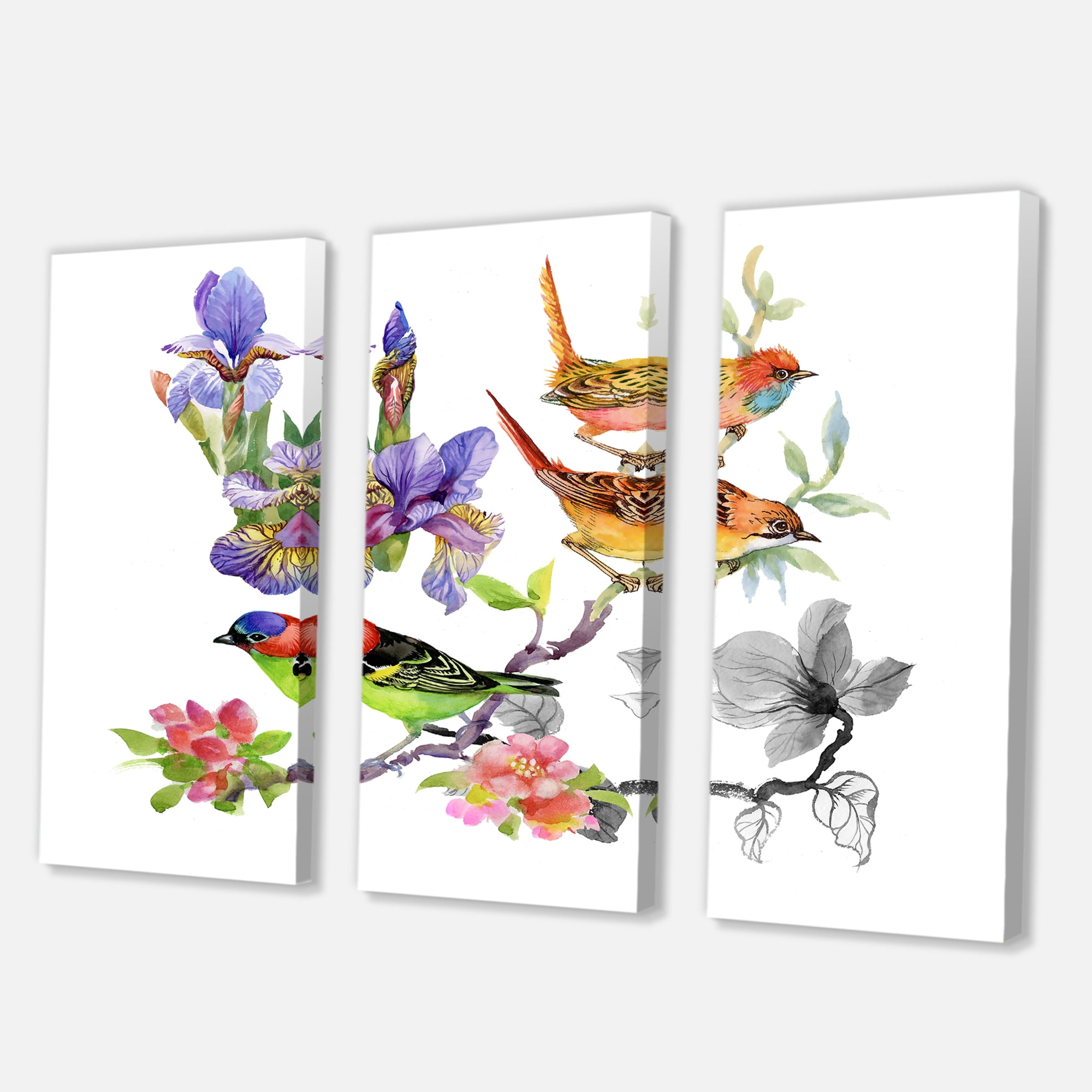 Designart ' Colourful Birds and Tropical Flowers I ' Traditional Canvas Wall Art Print