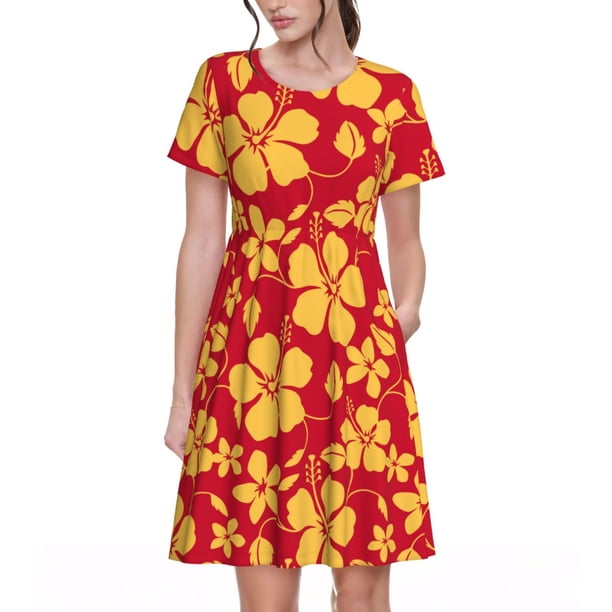 Easygdp Red Vintage Flowers para Vestido Transpirable de Mujer, Vestido Suelto de Manga Corta con Pliegues y Bolsillos para el Verano
