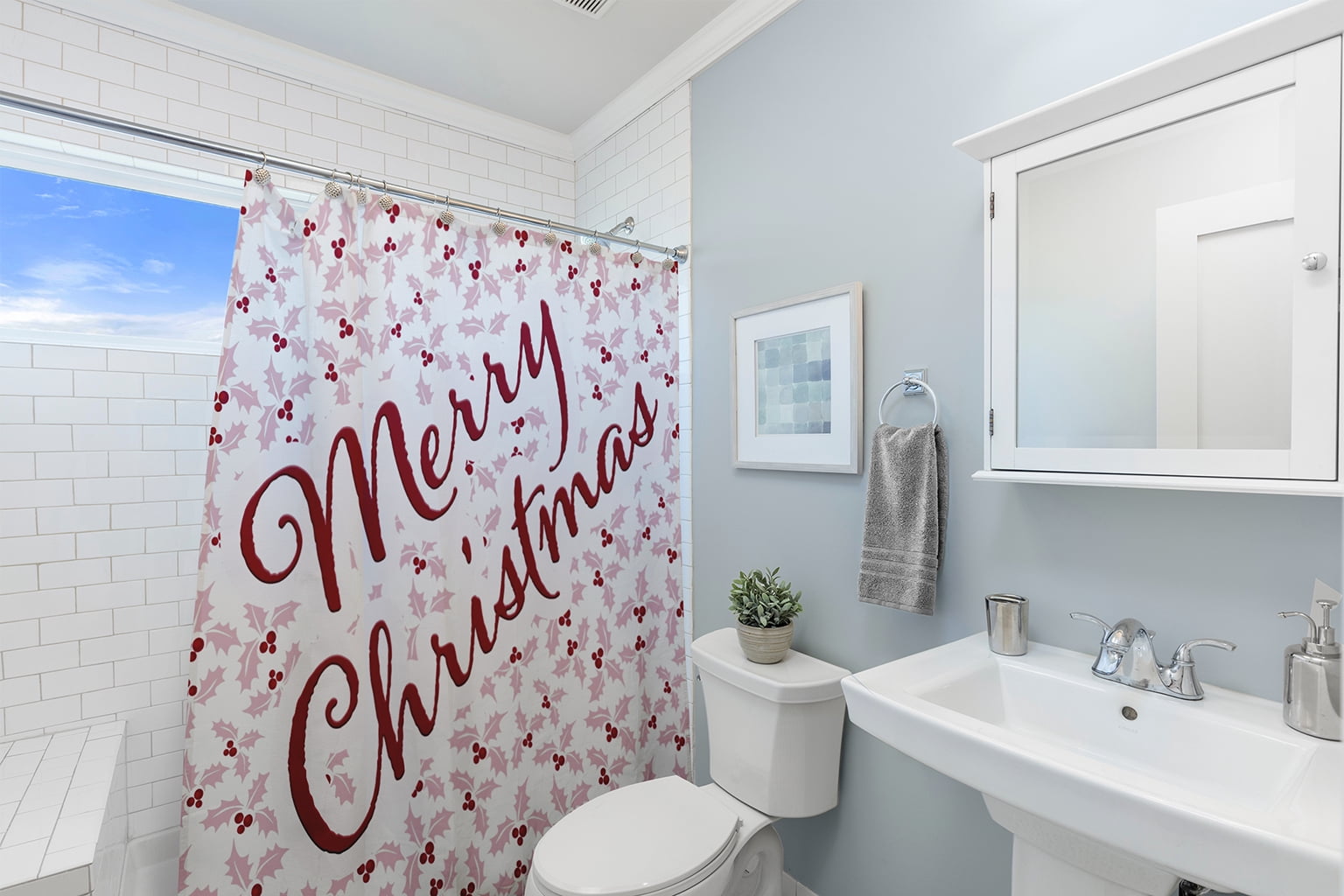 Simply Daisy 70" W x 73" L Merry Christmas with Holly Polyester Shower Curtain, Light Pink [1 Ct]