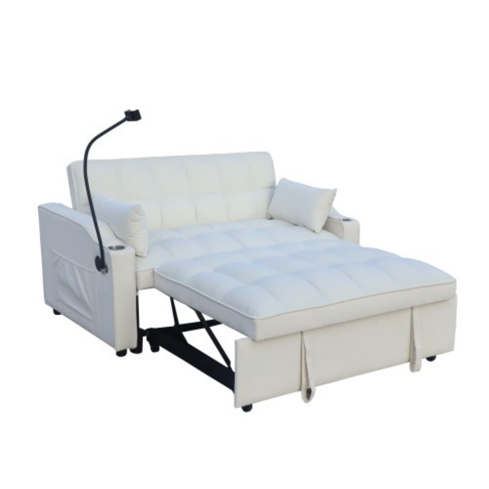 Velvet Loveseat Sofa Bed, 3-in-1 Convertible Sleeper Couch with USB Ports & Pullout Bed, Beige