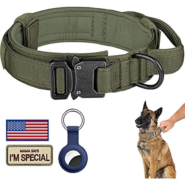 wonima02 Tactical Dog Collar, Adjustable Military Training Nylon Dog Collar with Control Handle and Heavy Metal Buckle for Medium and Large Dogs, with Patches and Airtags Case (M, Green)