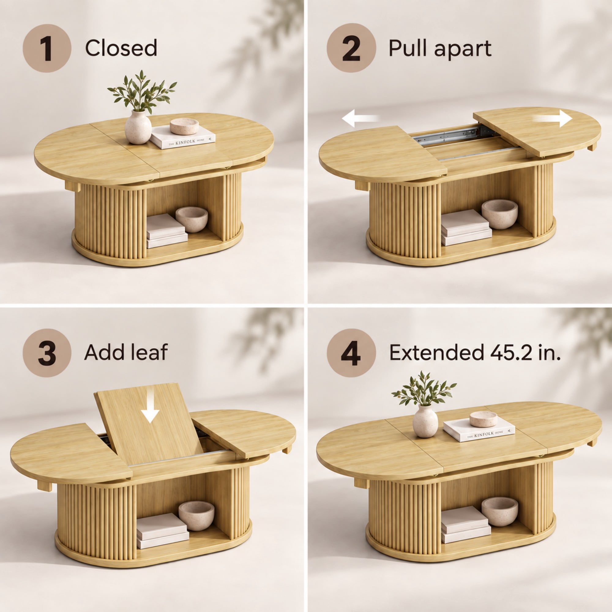 Lacoo Extendable Oval Coffee Table with Storage, Fluted Base with Cubby for Living Room, Den, Beige