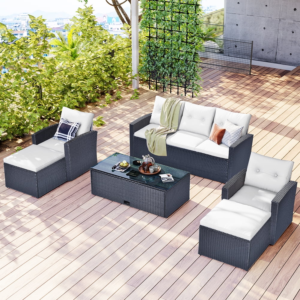 Private Jungle 6-piece All-Weather Wicker PE rattan Patio Outdoor Dining Conversation Sectional Set with Coffee Table, Wicker Sofas, Ottomans, Removable Cushions (Beige) Private Jungle 6-piece All-Weather Wicker PE rattan Patio Outdoor Dining Conversation Sectional Set with Coffee Table, Wicker Sofas, Ottomans, Removable Cushions (Beige)